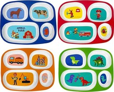 Set of 4 Melamine Dinner Plates for Kids Boys - Divided Plates for Picky Eate...