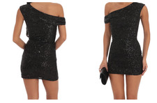 Off Shoulder Sequin Bodycon Party Dress in Black (M)