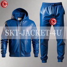 Men's Real Lambskin Blue Leather Track Suit Hoodie Sweatsuit Tracksuit Outfit