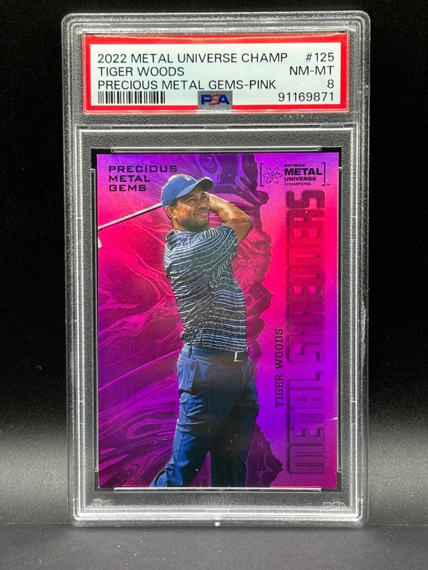 2022 Metal Universe Champions #125 Tiger Woods PMG Pink /75 PSA 8