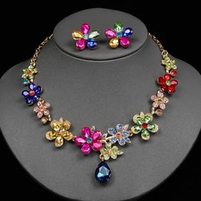 Colorful Flower Rhinestone Jewelry Set Necklace Earrings Gold Tone Women Party