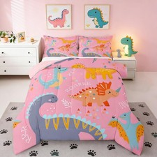 Dinosaur Bedding Set Cute 2 Pieces Dinosaur Comforter Set for Girls Pink Cart...