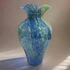 Vintage Murano  Style Blue & Green Fluted Hand Blown Glass Vase 8.5"