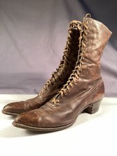 Antique Victorian Boots Shoes Ladies Hi Top Lace Up Brown Leather No size