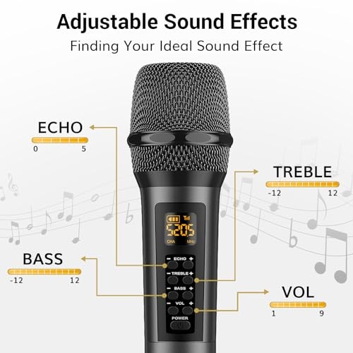 Wireless Microphones with Treble/Bass/Echo, Dual Dynamic Handheld Singing Mic - Picture 3 of 7