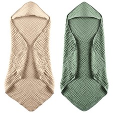 MUKIN Baby Hooded Towels, Muslin Cotton, 32 32Inches, Dark Green,khaki