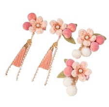 Handmade Women Flower Ball Tassel Hair Clip Ancient Hairpin Hanfu Peach Headwear