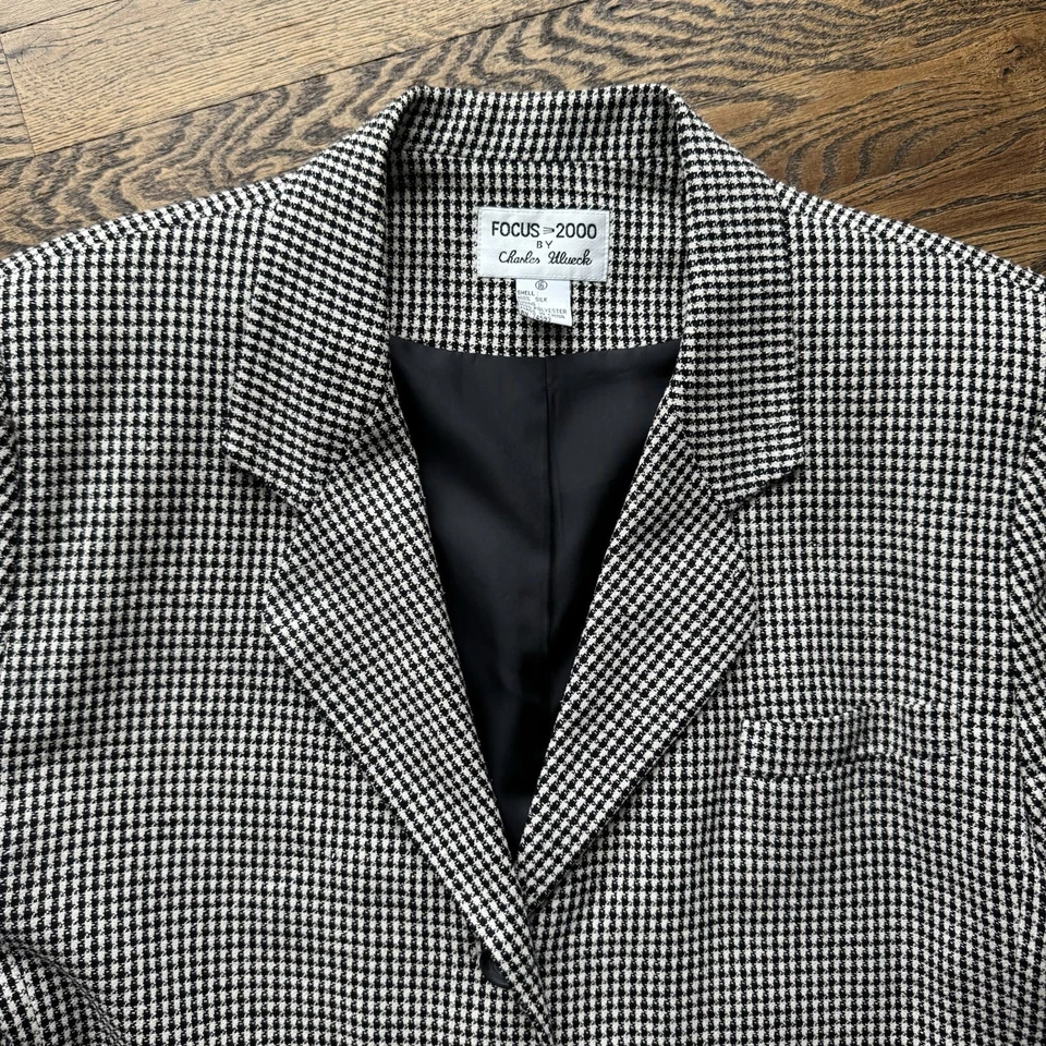 Blazer Focus 2000 de Charles Glueck 100 % seda blanco y negro pata de gallo talla 16 Foto 3 de 4