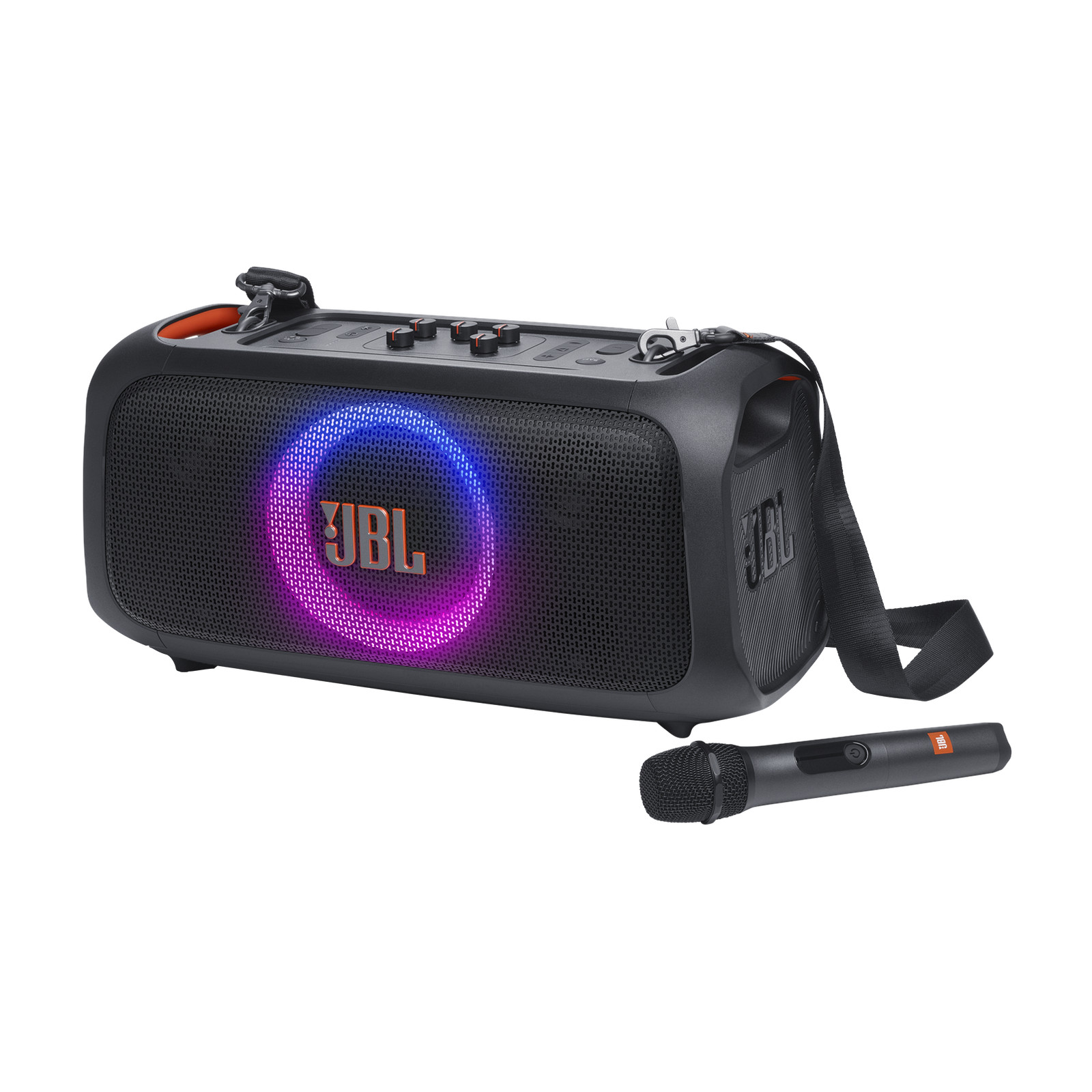 JBL PartyBox On-the-Go Essential, Portable party speaker with built-in lights.