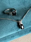 Vintage Sterling Silver Black Sapphire Ring & Necklace Set - Size 8