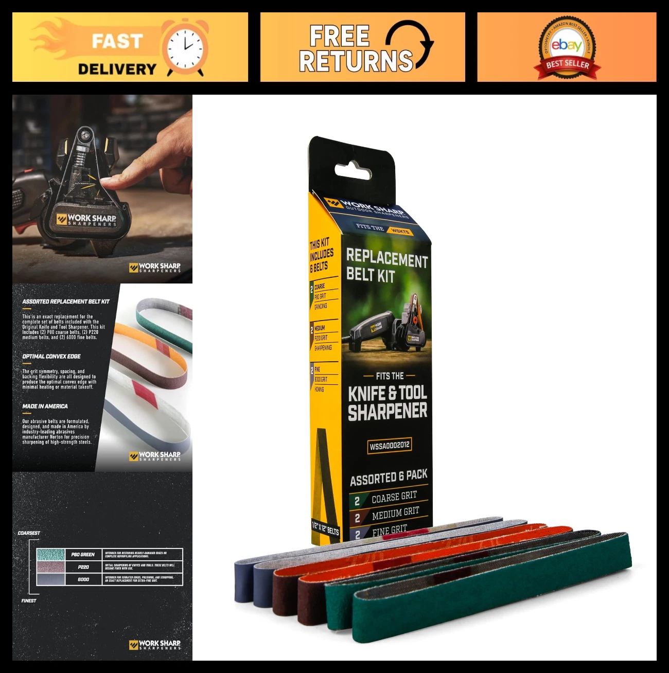 Knife & Tool Sharpener Replacement Belt Kit - Assorted Grits P80, P220, 6000
