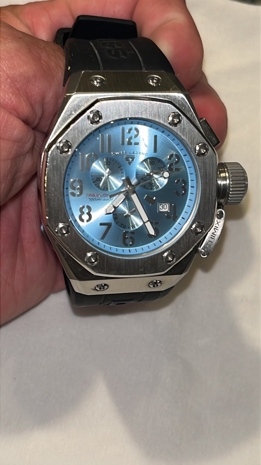 Swiss Legend Men's Trimix Diver Chronograph RARE Blue Dial Watch New Battery!
