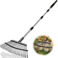 6FT Heavy Duty Garden Rake, 18.5 Wide, 25 Tines, Steel Handle, Leaf, Black