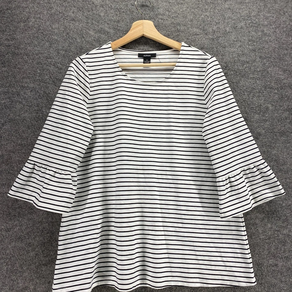 Blusa Alfani Mujer M Mediana Blanca Rayas Manga 3/4 Cuello Redondo Algodón Pullover Foto 3 de 4