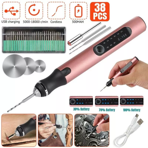 USB Rechargeable Engraving Pen - 42 Bit Rotary Tool With 5 Speed Settings (10,000-28,000 RPM)