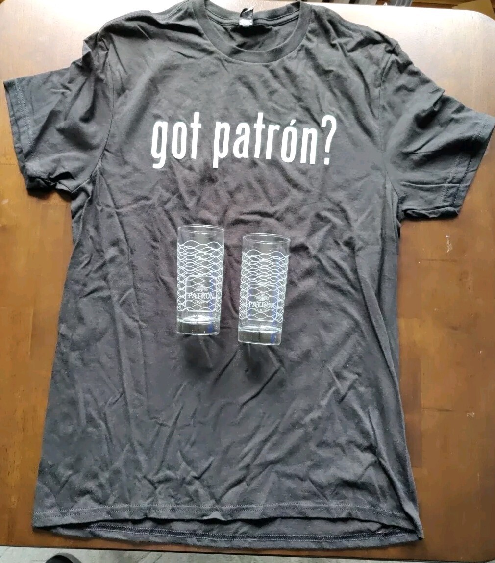 Patron Tequila Highball Glass Set (2) New & Black Logo T Shirt