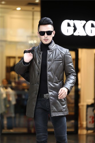 Winter Mens PU Leather Stand Collar Mid long Coats Down Jacket Outwear Warm Slim - Picture 16 of 19
