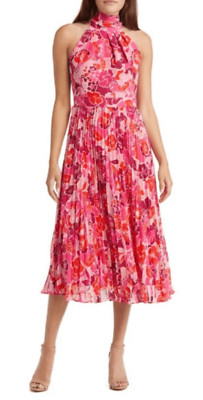 Eliza J Floral Print Pleated Halter Neck Midi Dress in Pink  NWT Size 16