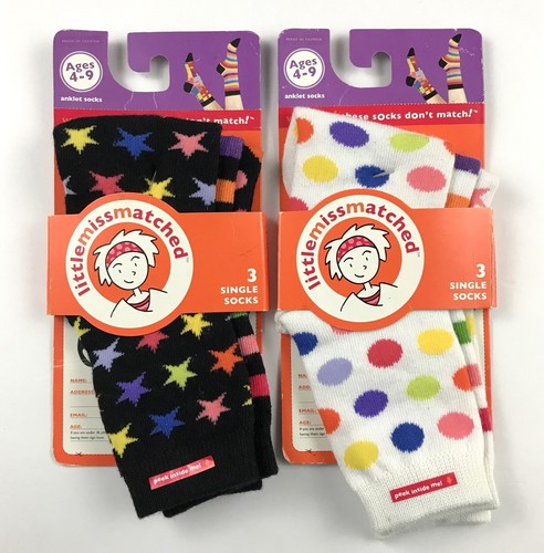 2 Pkg Little Miss Matched Girls Anklet Socks Sizes 6-8 6-2 Black White Sm Spot