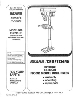 #ad Craftsman 113.213151 Drill Press Owners Instruction Manual $20.24