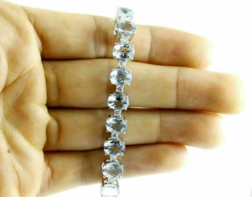 12.30Ct Oval Cut Simulated Blue Aquamarine 925 SIlver White Gold Plated Bracelet - Image 3 of 4