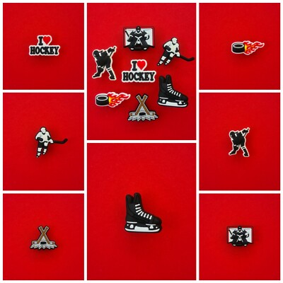 Schuhstecker/Shoe Charms/Pins/Set EISHOCKEY/SCHLITTSCHUH/TOR/I LOVE HOCKEY