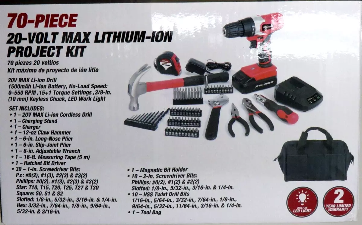 Hyper Tough 20V Max 3/8-in. Cordless Drill & 70-Piece DIY Home