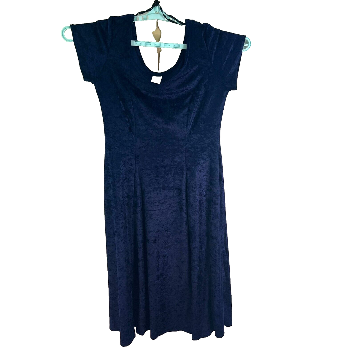 Blue Crushed Velvet Pleated Midi Dress Women's Size 14 Made in UK
