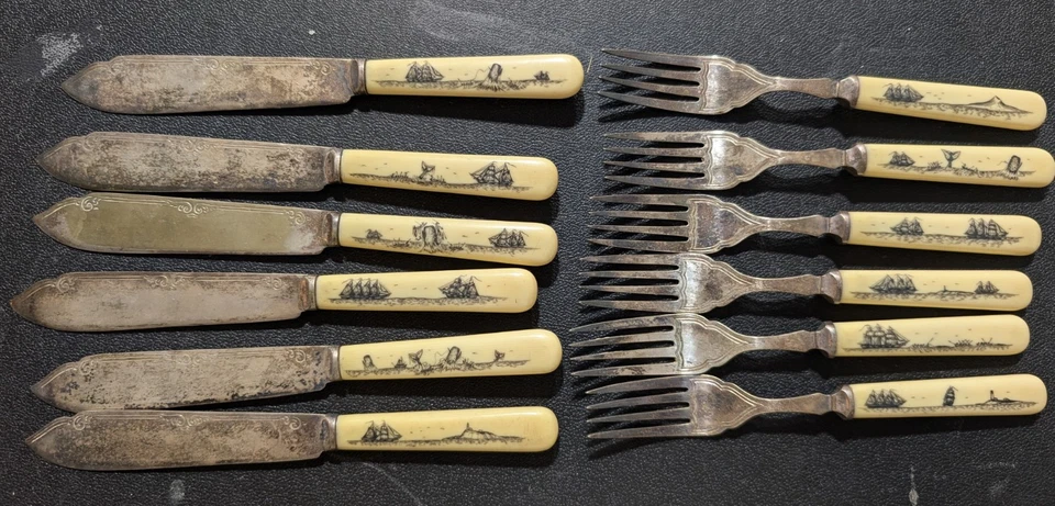 Harrison Fisher and Co, Sheffield, plateado con Scrimshaw. Único Foto 2 de 4