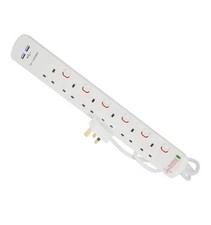 Pro Elec PL15644 2 m 6 Gang 2 USB Surge Protected Extension Lead - White