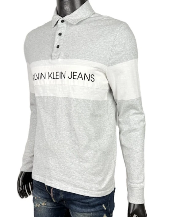 Calvin Klein jeans polo homme S coton lourd gris manches longues logo - Photo 2/4