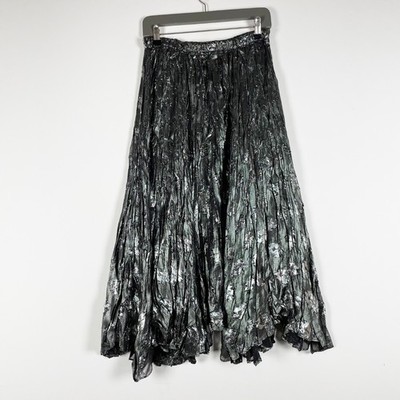 NEW Zara Black Gray Silver Metallic Burnout Pleated Pull On Maxi Skirt Small