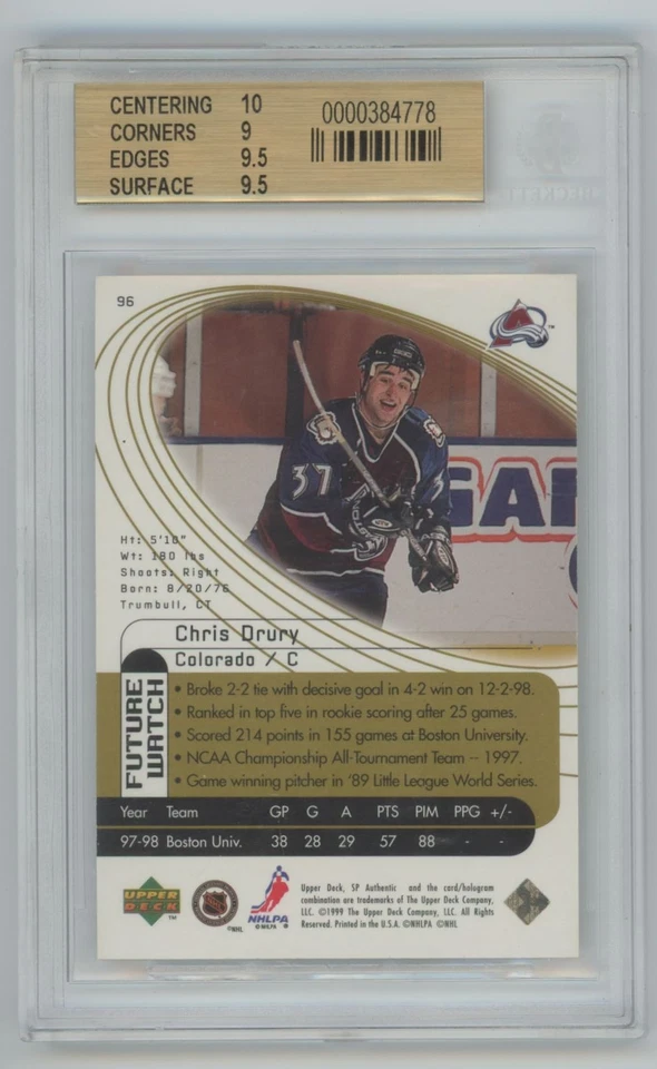 1998-99 SP Authentic Chris Drury Rookie 031/500 BGS 9.5 Colorado Avalanche #96 - Image 2 of 2