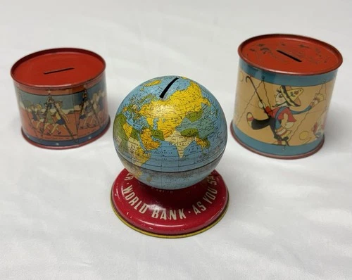 3-Vintage Ohio Art Tin Litho Banks