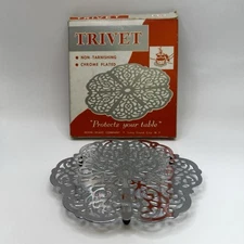 Vintage Irvin-Ware Chrome Trivet with Box 6.5” Non-Tarnish Scroll Design USA