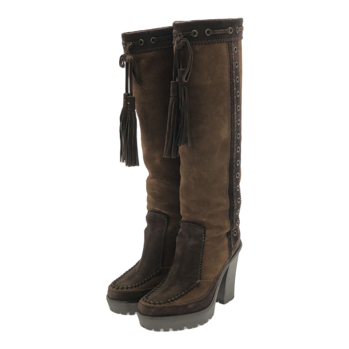 Autentici stivali lunghi Yves Saint Laurent scarpe tacco marrone scamosciato Made in Italy