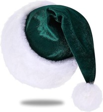 Santa Hats, Unisex Velvet Christmas Hat for Adults, Extra Thicken Classic Green