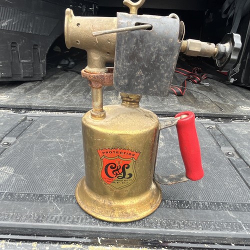 Clayton & Lambert Brass Gasoline Blowtorch w/ Red Handle & Caution Label
