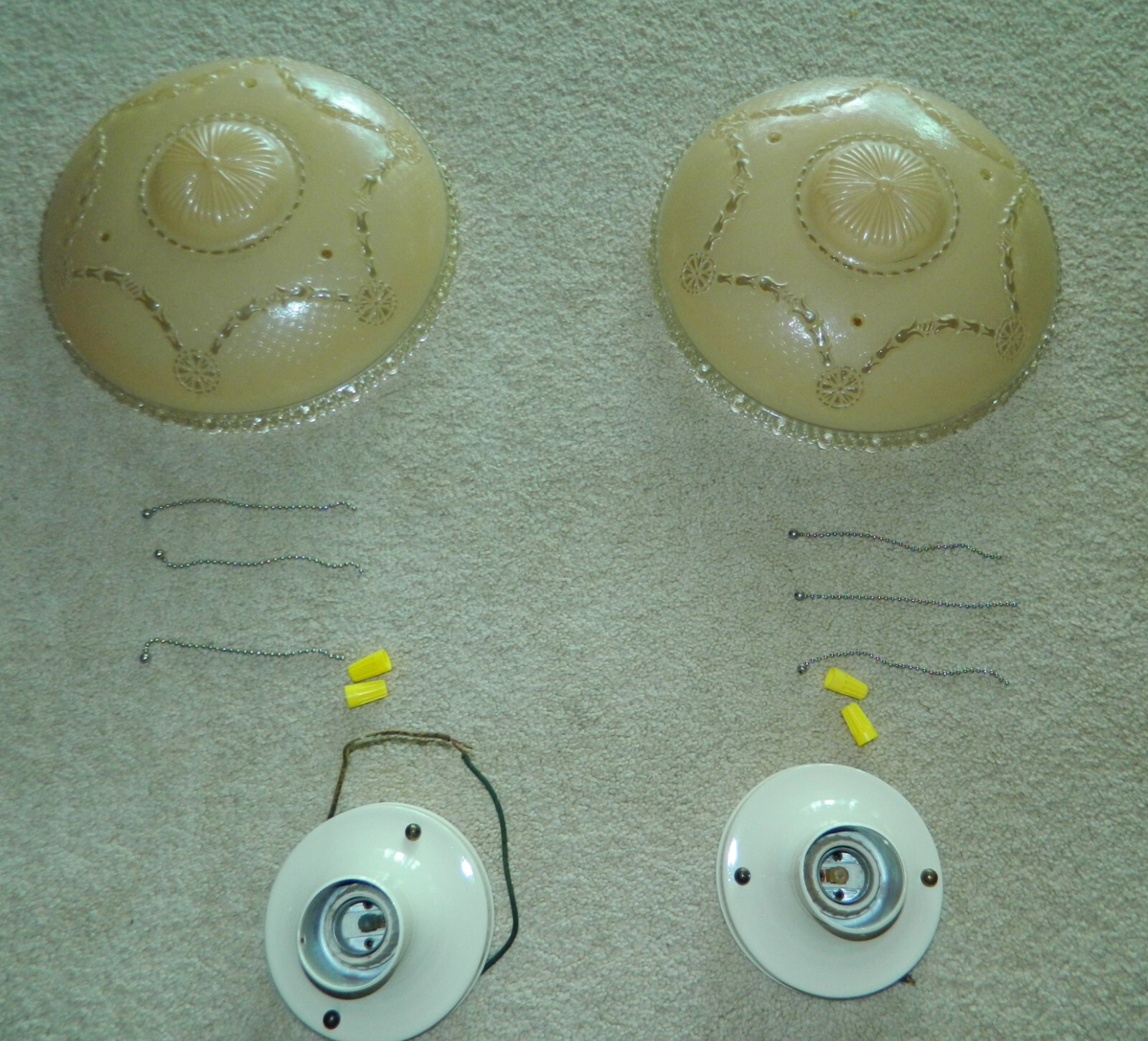 Matching PAIR Vtg Art Deco Semi Flush Mount Glass Ceiling Lights MCM 1930s 1940s