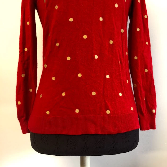 J Crew Embroidered Dot Tunic Sweater Red Gold Gray Polka Dot Merino Wool Small - Image 4 of 4