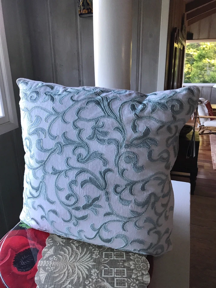 Sferra Terina Aqua Decorative Pillow  Beaded Embroidery 100%  Linen Square 24" - Image 4 of 4