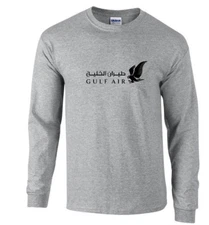 Gulf Air Black Logo Bahrain Airline Sport Gray Long Sleeve Cotton T-shirt