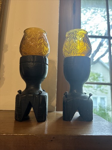 Juego Candelabro Madera Vidrio Ámbar Brutalista Mediados de Siglo Gótico Renacimiento Español - Imagen 5 de 8