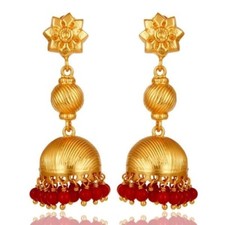 Red Coral Traditional Jhumka Earrings 18k Gold Plated Sterling Silver Jewelry
