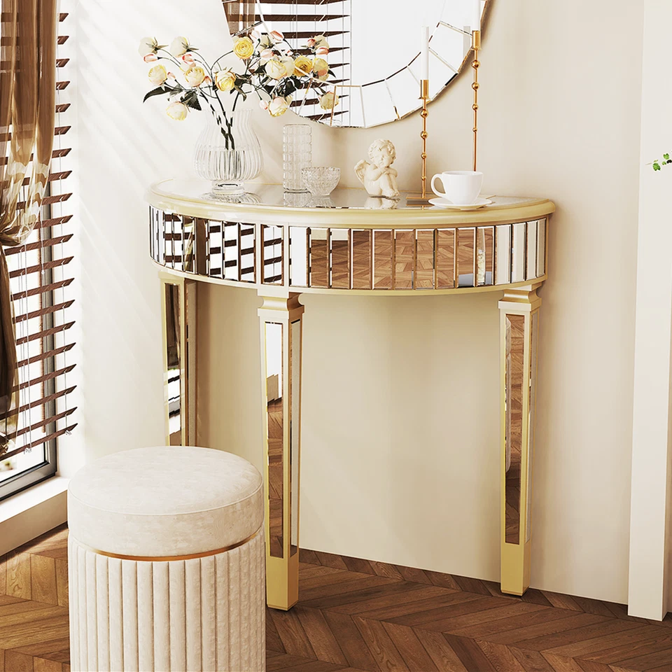 Konsolentisch Gold Halbrund mit Spiegelplatte Glas Eingangstisch verspiegelt - Bild 3 von 4