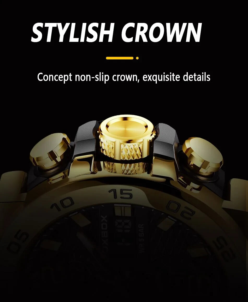Montre Homme Chronographe Lige - Boîtier Doré, Bracelet Noir Résine, étanche 50m, Mouvement Quartz, Style Sport