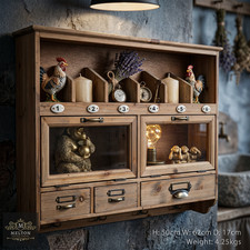 Rustic Storage Unit Wooden Wall And Glass Cabinet with Drawers, Hooks, Cupboards