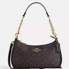 NWT COACH CA548 Teri Shoulder Bag In Signature Canvas/Gold/Walnut/Black Outlet