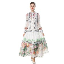 Long Dress Women Belt Single-breasted Stand-up Collar Long Sleeve Printed Floral