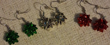 Bow Dangle Earrings Set Holiday Theme Green Red Silver metal